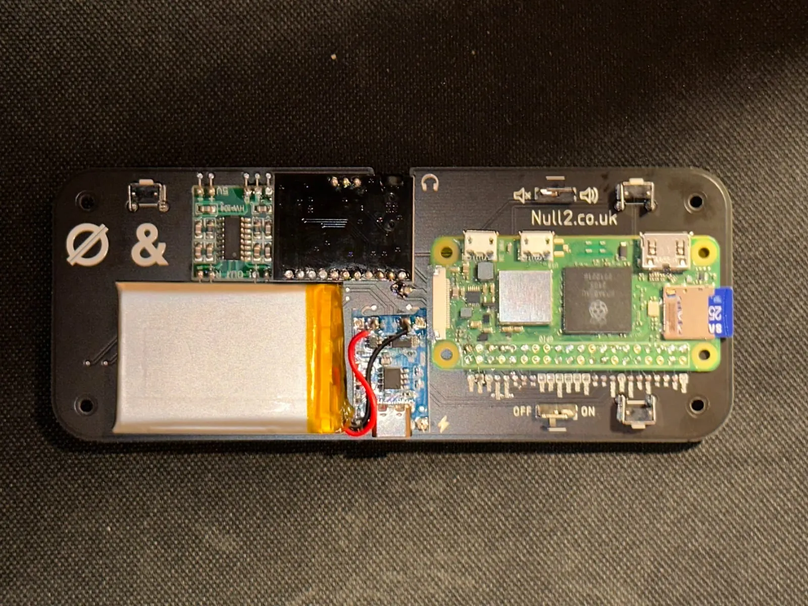 The Null 2 with the screen, audio boards, and battery all soldered in place