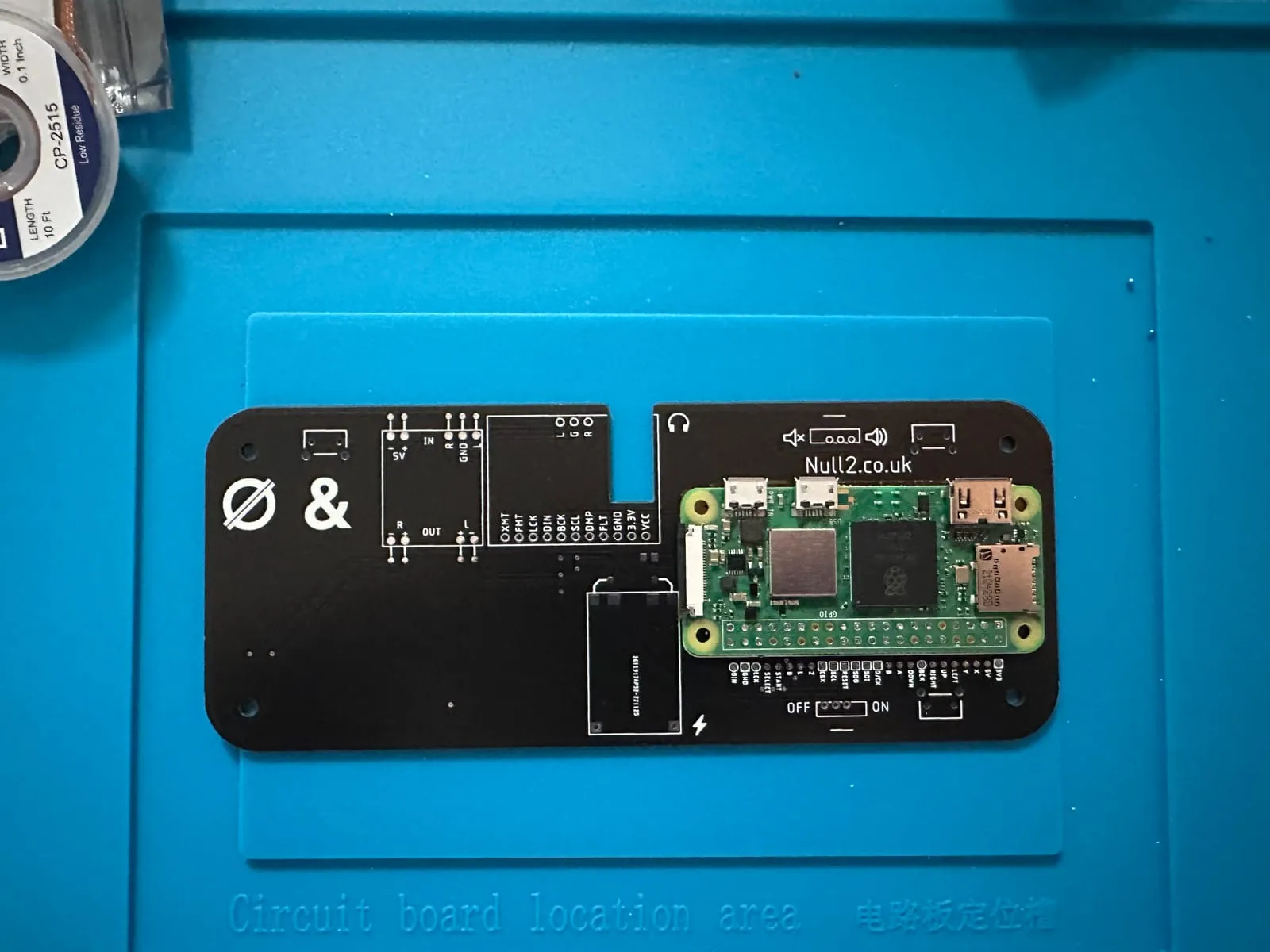 The bare Null 2 PCB with a Pi Zero resting on it and no other components